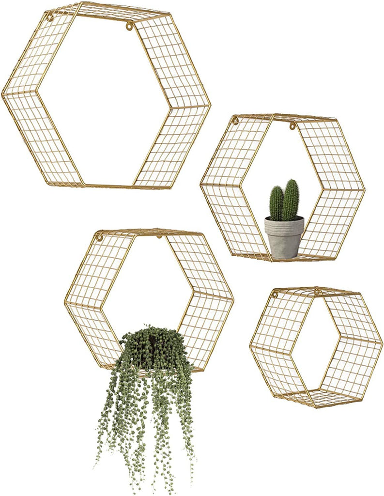 Set of 4 Gold Hexagon Wall Shelves, Floating Wall Mounted