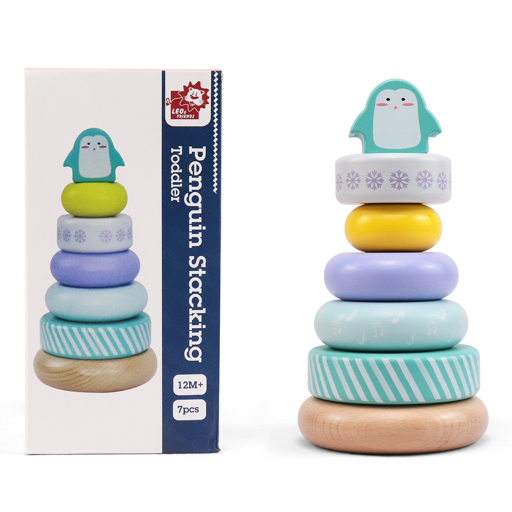 Penguin Stacking Toddler Ring Tower, Made for Kids 12 Months+, 7-Piece Blue Wooden Stacker Puzzle, Perfect Birthday or Holiday Present | Promotes Hand-Eye Coordination and Imaginative Play