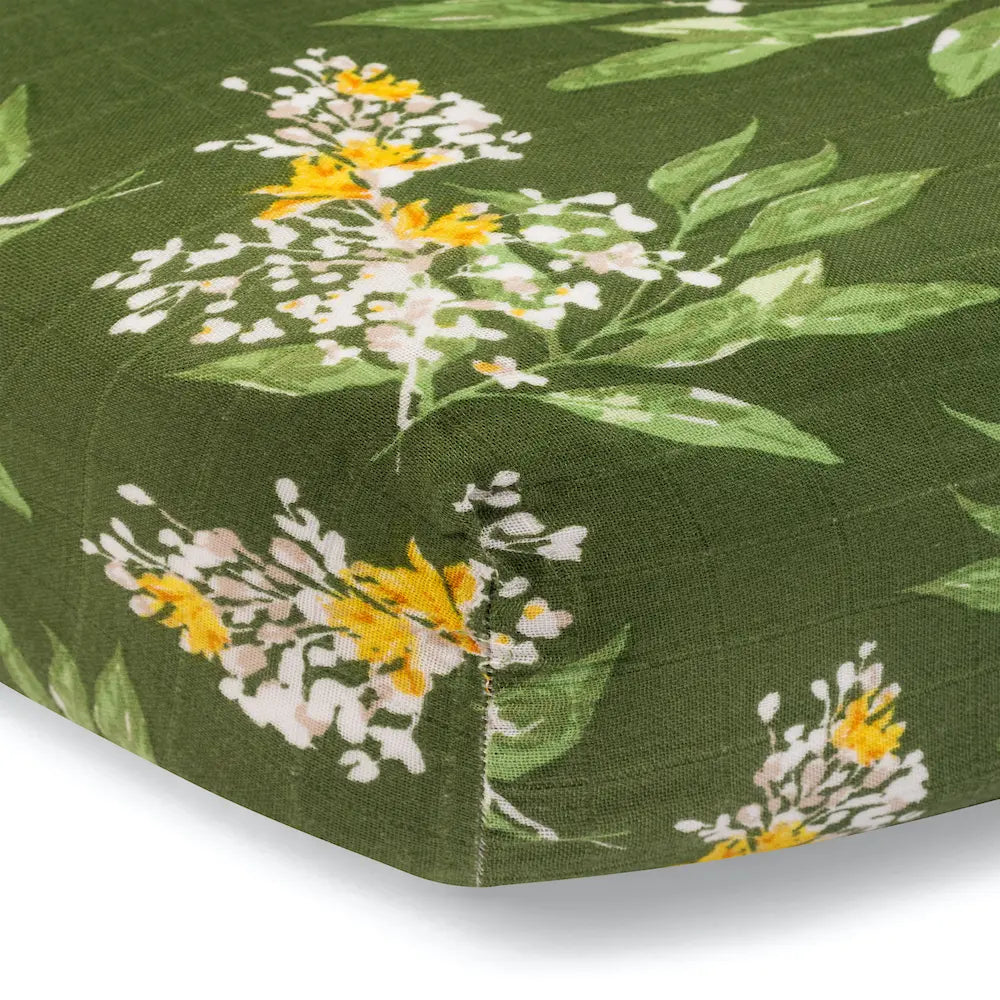 Green Floral Bamboo Muslin Fitted Crib Sheet