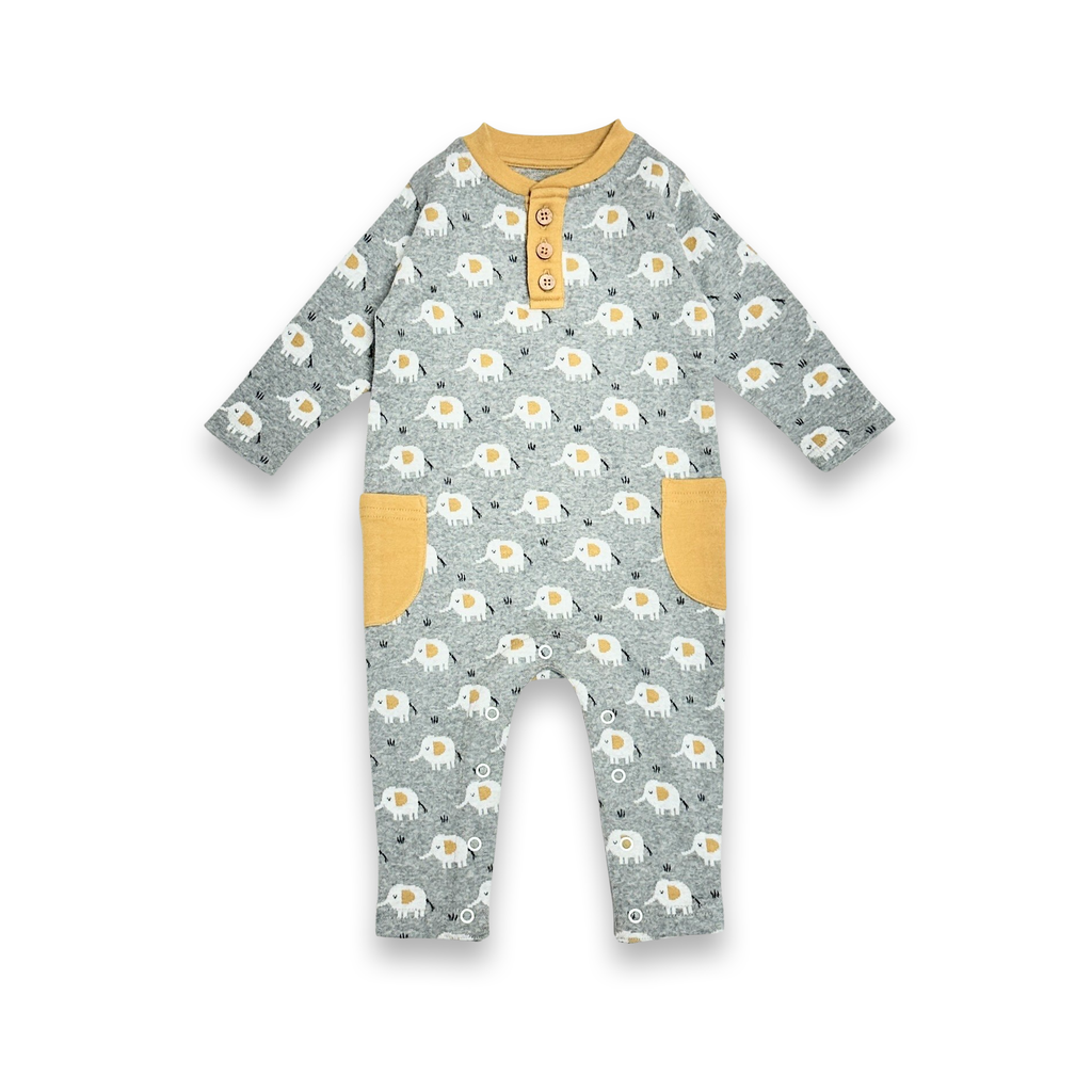 Elephant - Kangaroo Pocket Jacquard Baby Jumpsuit (Organic): Oatmeal / 0-3M