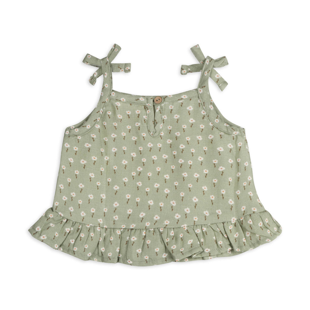 Sage Floral Shoulder Tie Baby Top + Shorts (Organic Muslin): SAGE / 0-3M