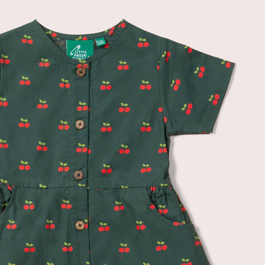 Olive Cherries Button Through Short Sleeve Dress: Olive Cherries Repeat Print / 12-18M