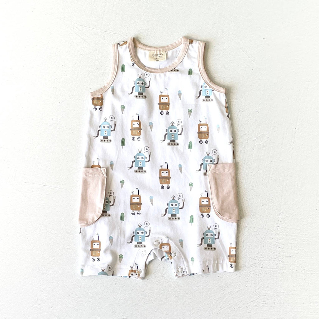 Ice Cream Robots Sleeveless Shortie Baby Romper (Organic): Dove White / 12-18M