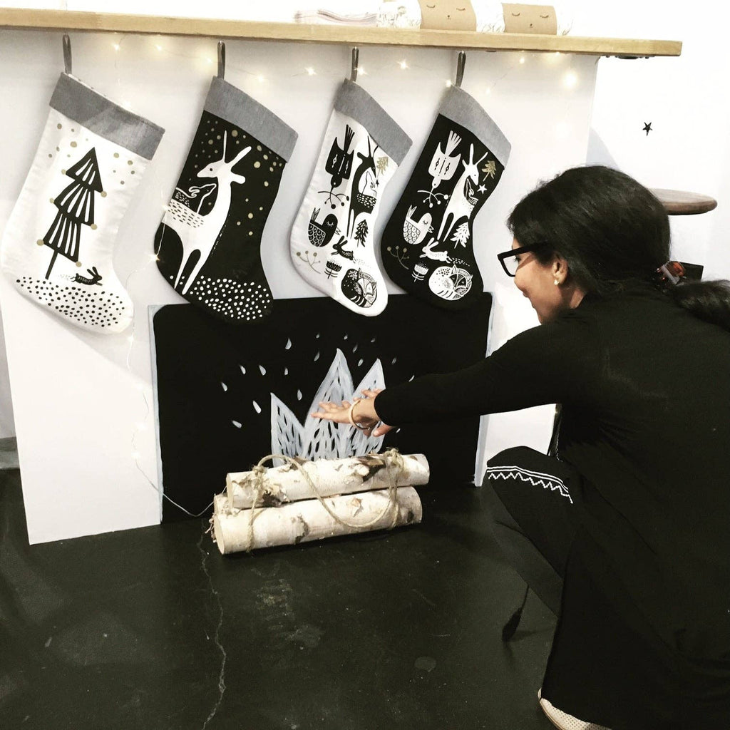 Winter Animals Christmas Stocking - White on Black