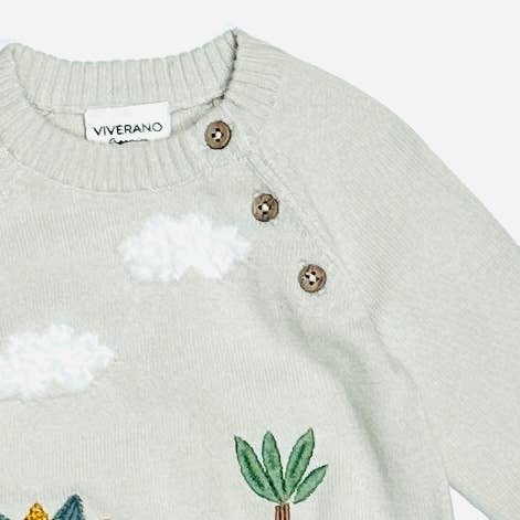 Dino Applique Button Baby Pullover Sweater (Organic): Stone / 18-24