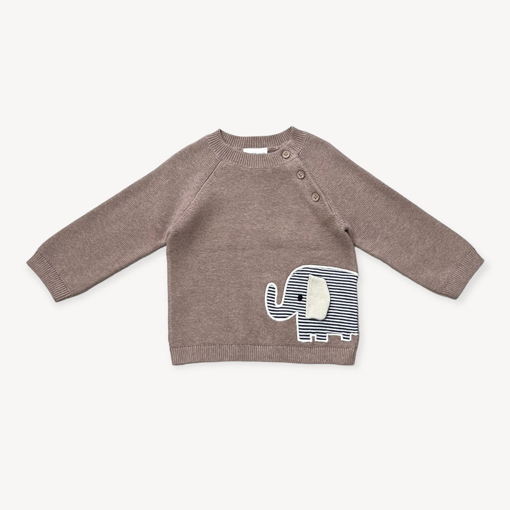 Elephant Embroidered Baby Knit Pullover (Organic): Cafe Latte / 3-6