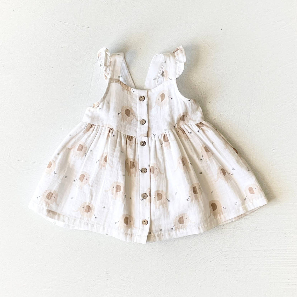 Elephant Ruffle & Button Baby Dress+Bloomer (Organic Muslin): 6-12M / Natural