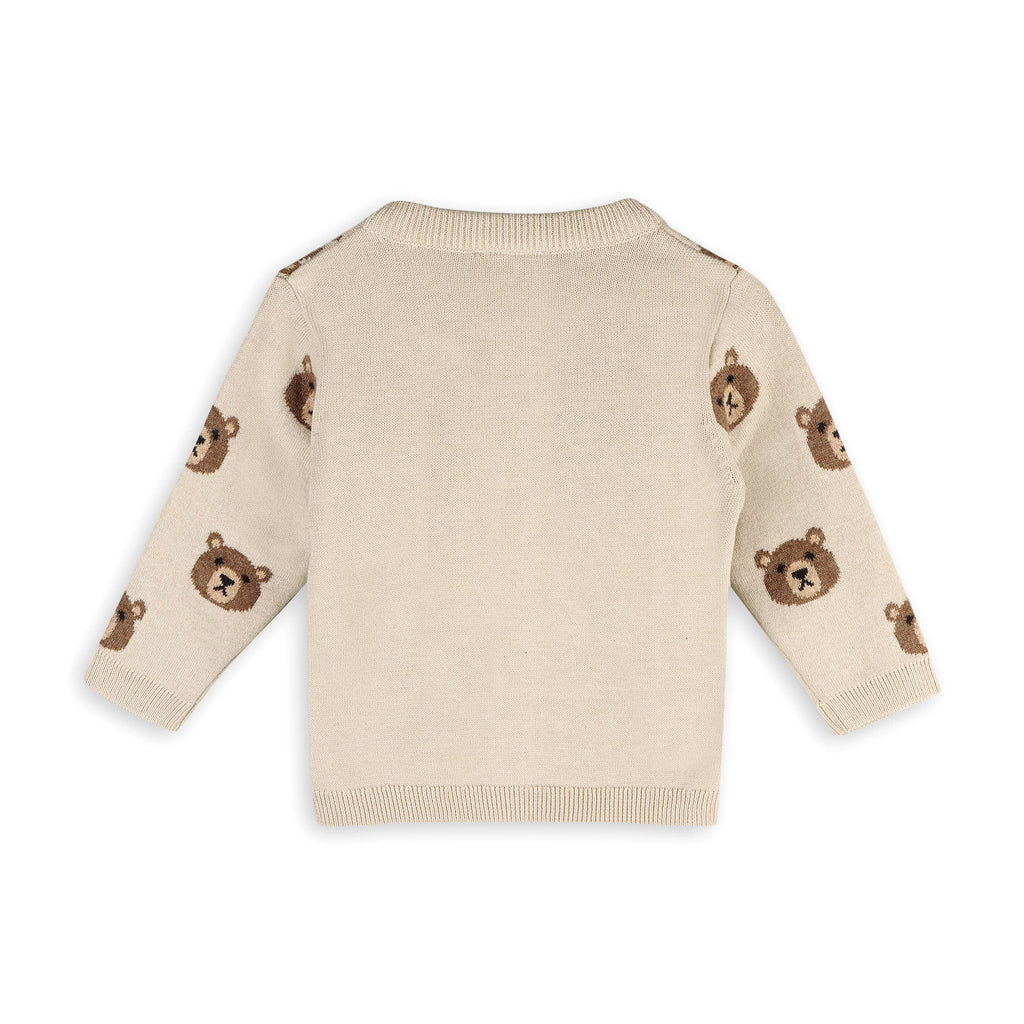 Brown Bear Jacquard Baby Cardigan Sweater (Organic Cotton): Stone / 0-3M