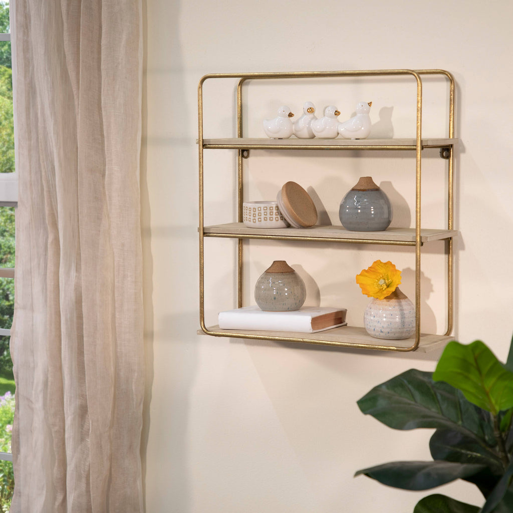 Metal Wood Rustic Three-Tier Wall Shelf - Gold, 19 in.