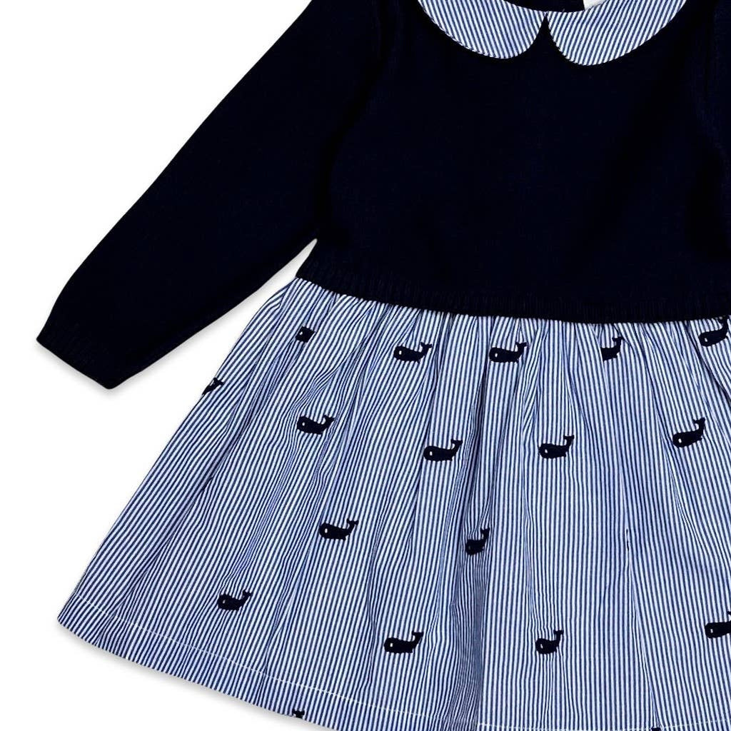 Whale Embroidered Pinstripe Baby Sweater Knit Dress (Organic: 18-24M / Navy Blue