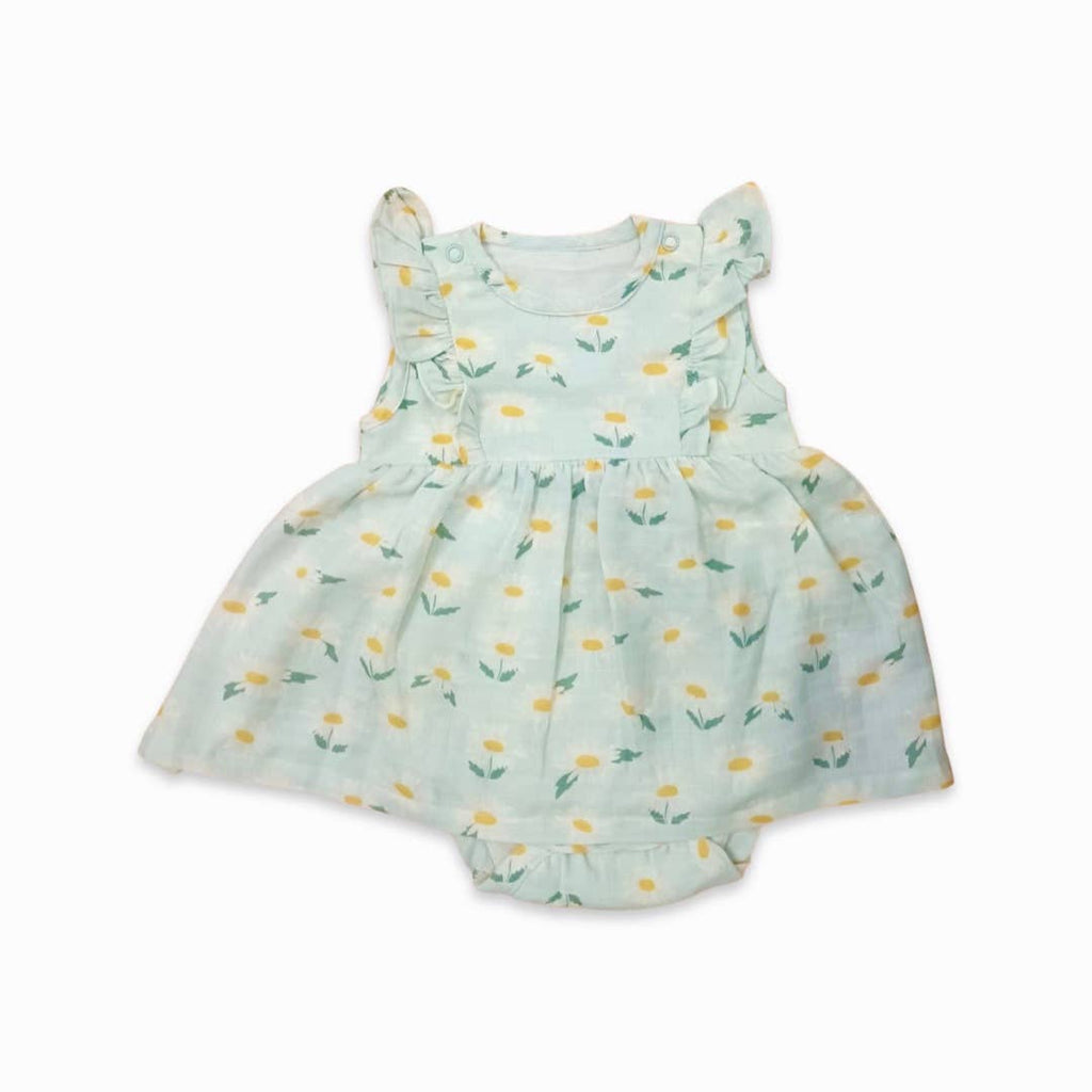 Daisies Ruffle Flare Baby Dress+Bloomer (Organic Muslin): 0-3M / Pastel Green