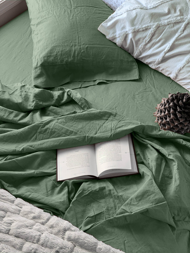 LINEN COTTON FULL SHEET SET - GREEN - Laurel & Mayfair