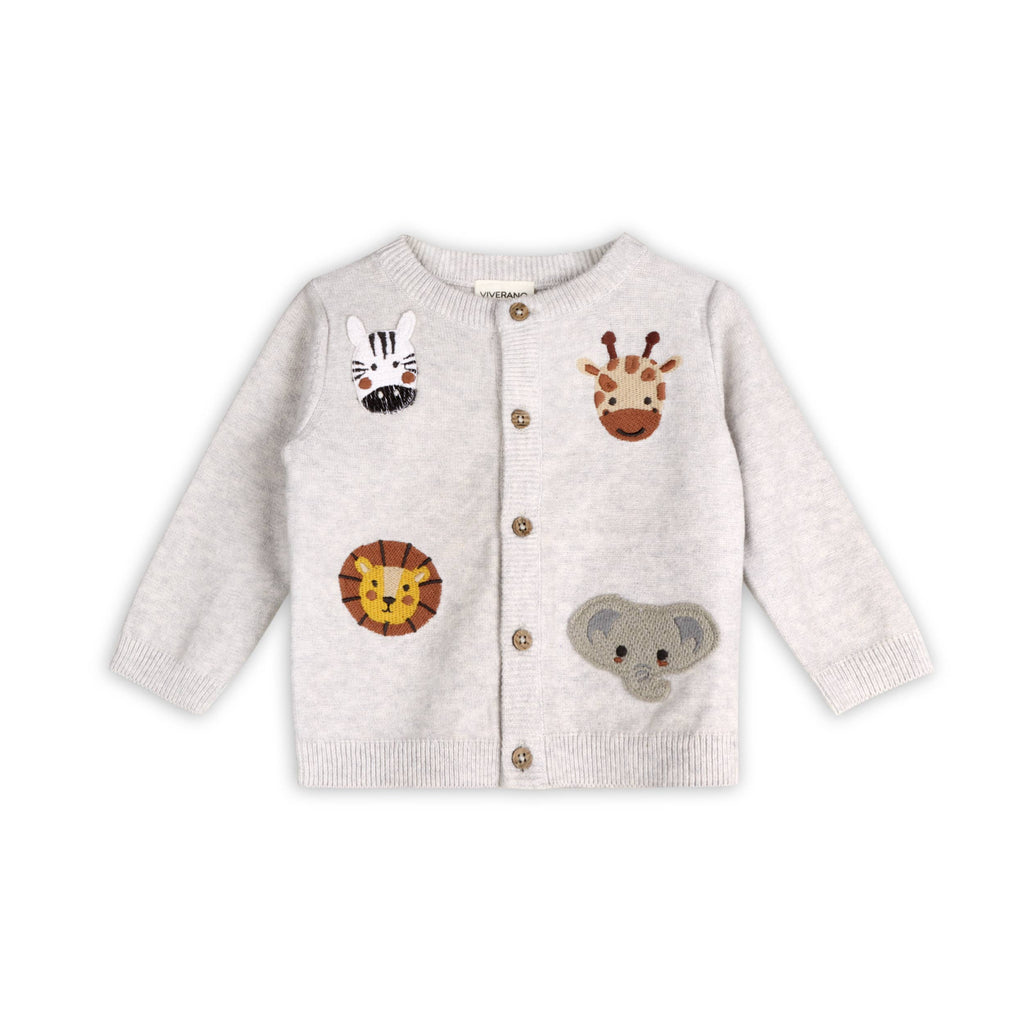 Animal Friends Embroidered Baby Cardigan Sweater (Organic): Pearl Grey Heather / 12-18M