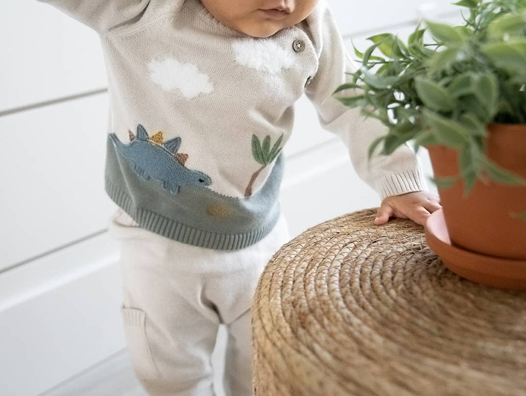 Dino Applique Button Baby Pullover Sweater (Organic): Stone / 12-18