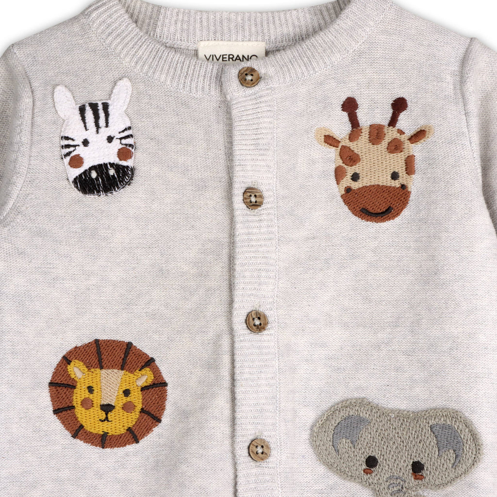 Animal Friends Embroidered Baby Cardigan Sweater (Organic): Pearl Grey Heather / 12-18M