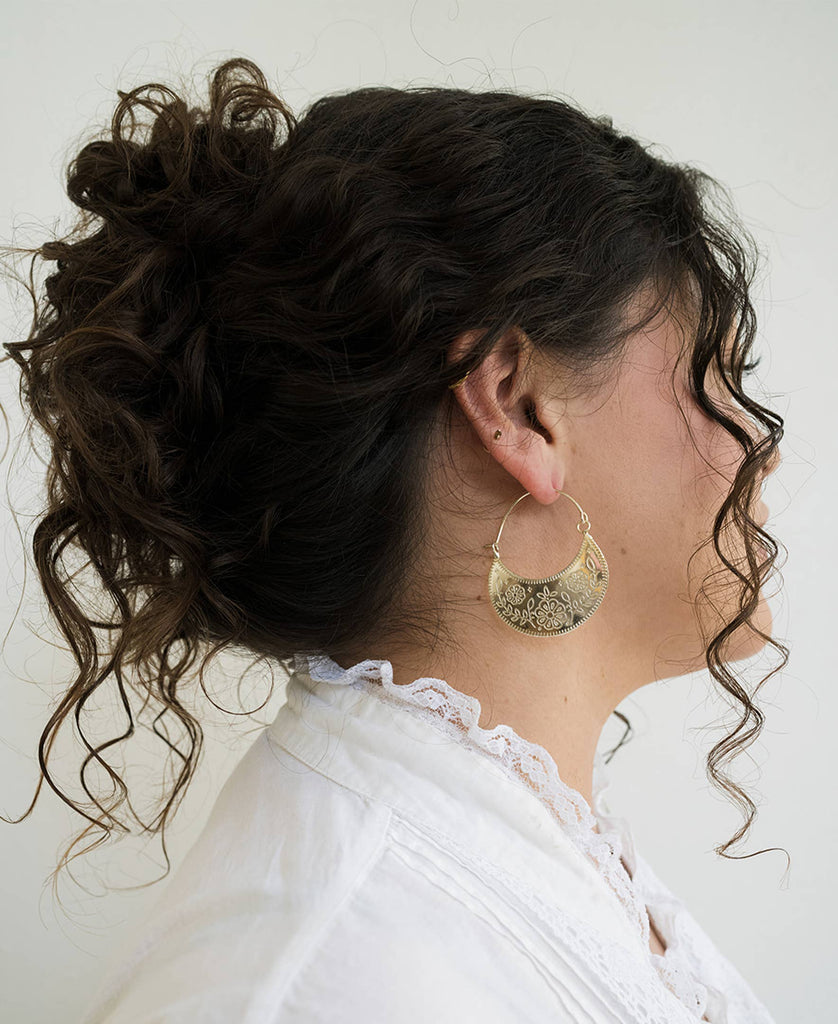 Haveli Etched Hoop Earring, Silver-toned brass