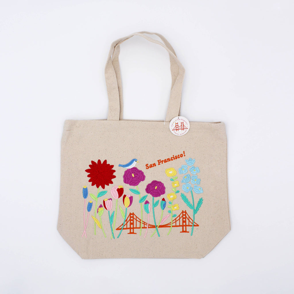 Embroidered San Francisco Flowers Tote Bag