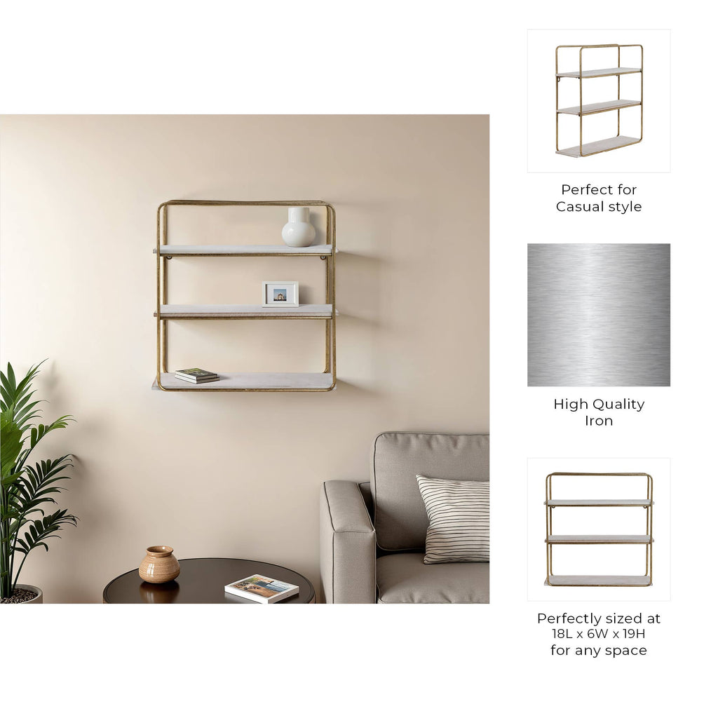 Metal Wood Rustic Three-Tier Wall Shelf - Gold, 19 in.