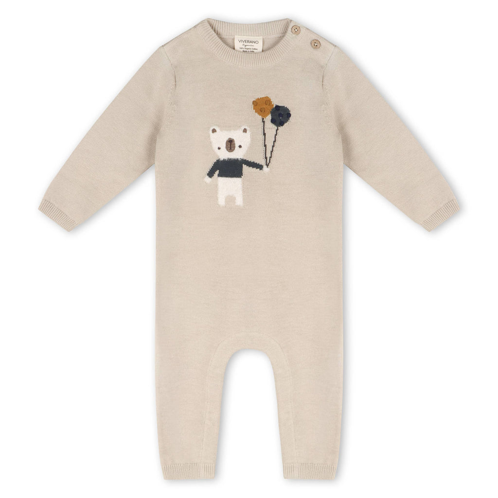 Balloon Bear Jacquard Baby Sweater Knit Jumpsuit (Organic): Stone / 0-3M