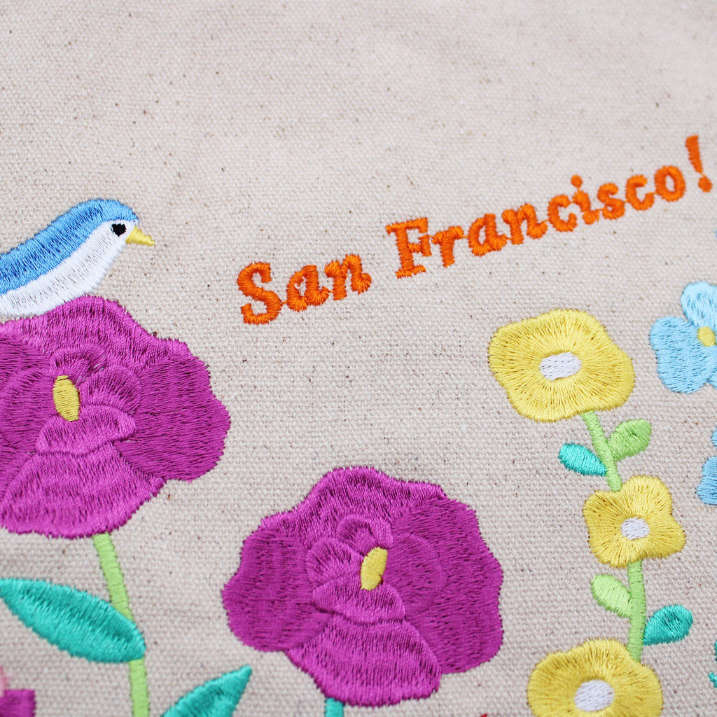 Embroidered San Francisco Flowers Tote Bag