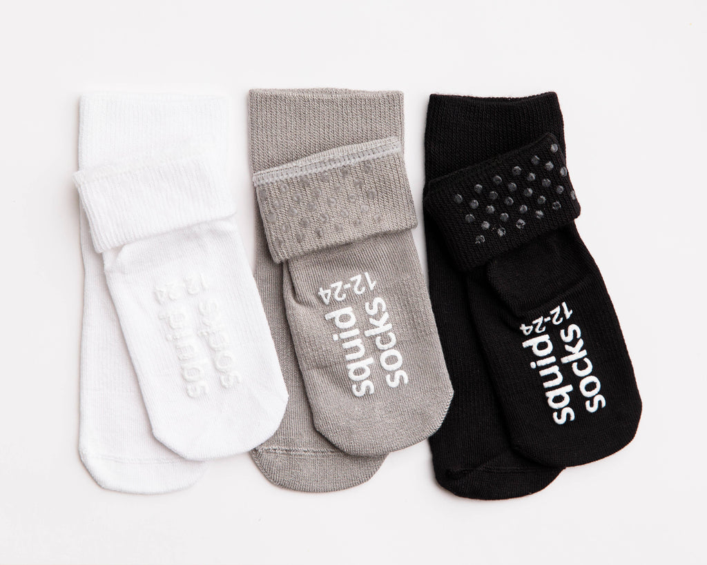 Charlie - Non-Slip Baby Socks Kids Socks White, Gray, Black: 2T - 3T