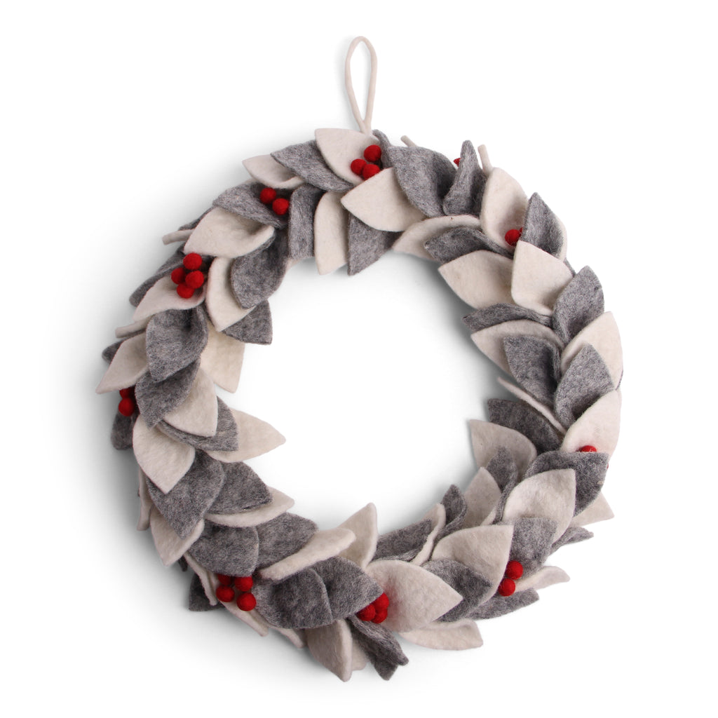 Felt Big White/Grey Wreath with Berries Christmas Decoration