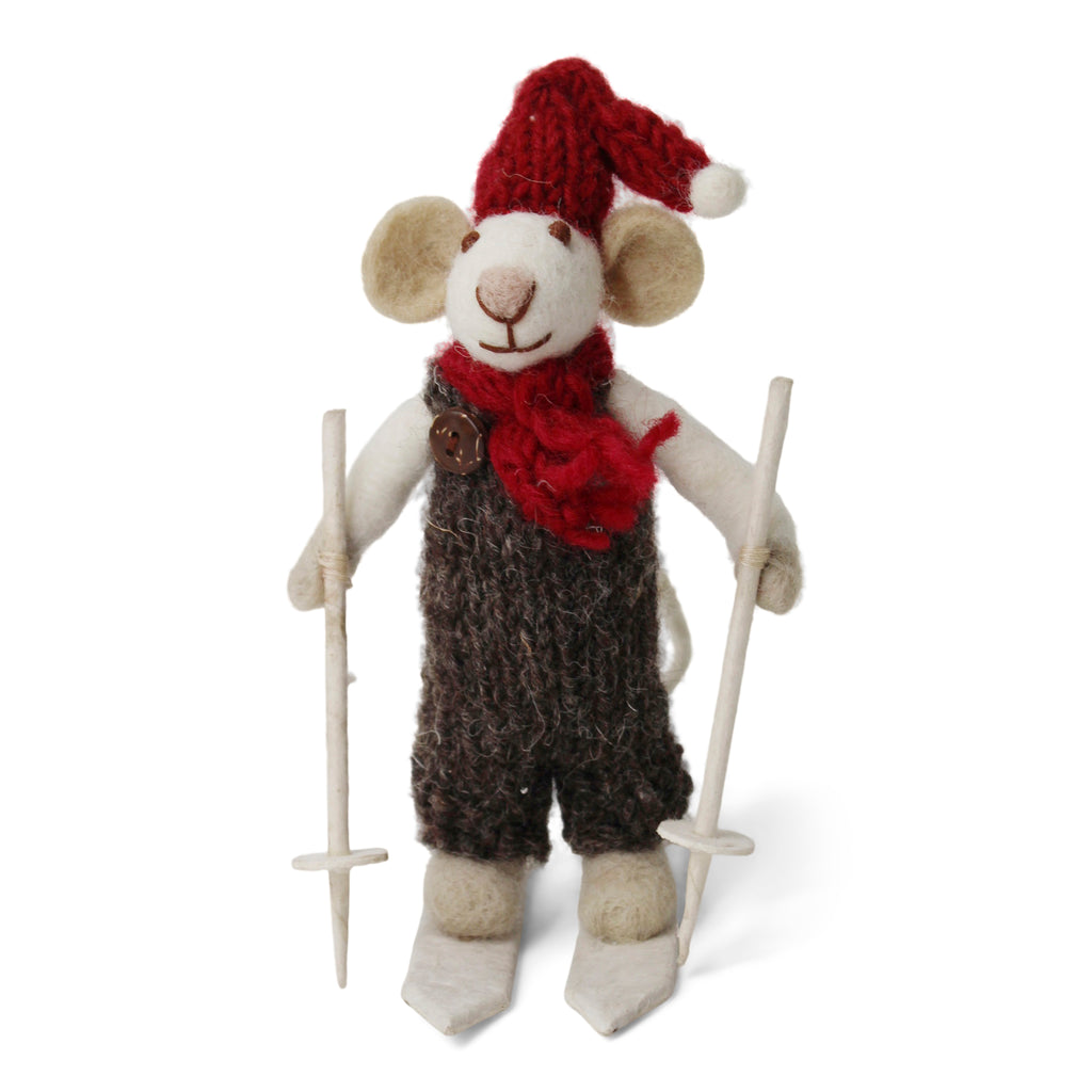 Felt Small White Boy Mouse on Skis w/Red Hat & Scarf Christmas Ornament