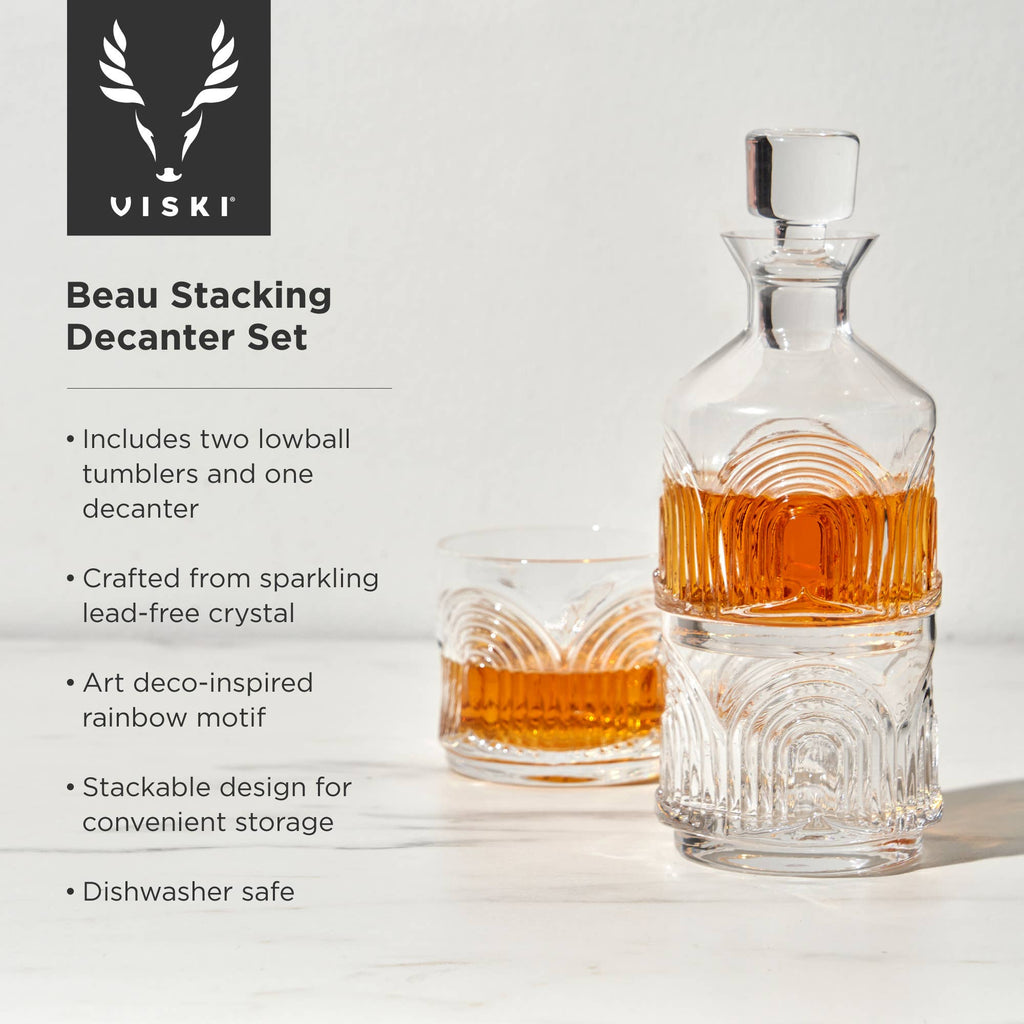 Deco Beau Stacking Crystal Decanter & Tumbler Set - Set of 3