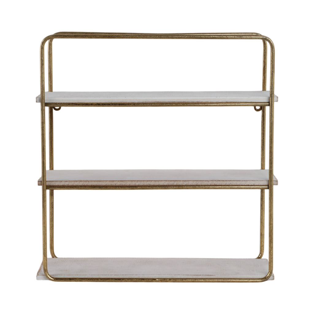 Metal Wood Rustic Three-Tier Wall Shelf - Gold, 19 in.