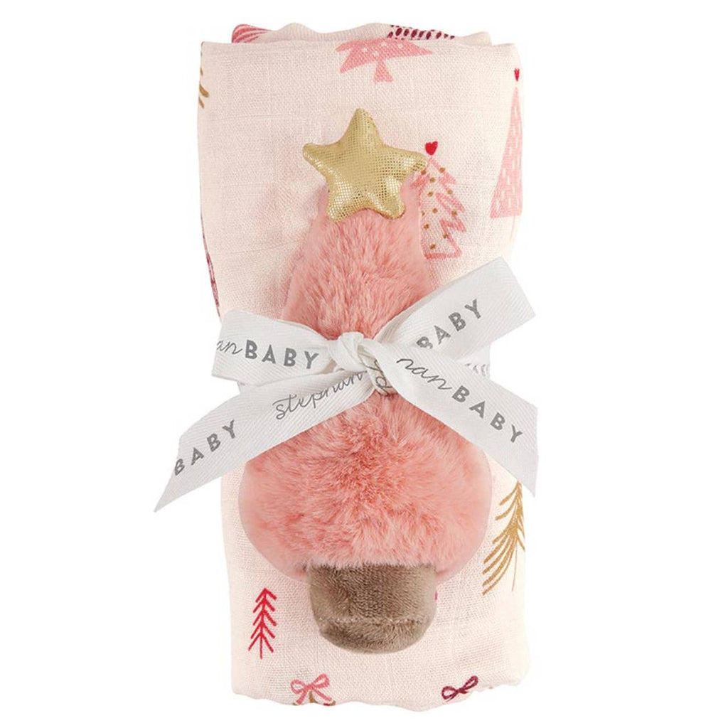 Swaddles with Plush Rattle - Pink Tree: Machine Wash Cold. Tumble Dry Low / 70% Bamboo 30% Cotton, Plush