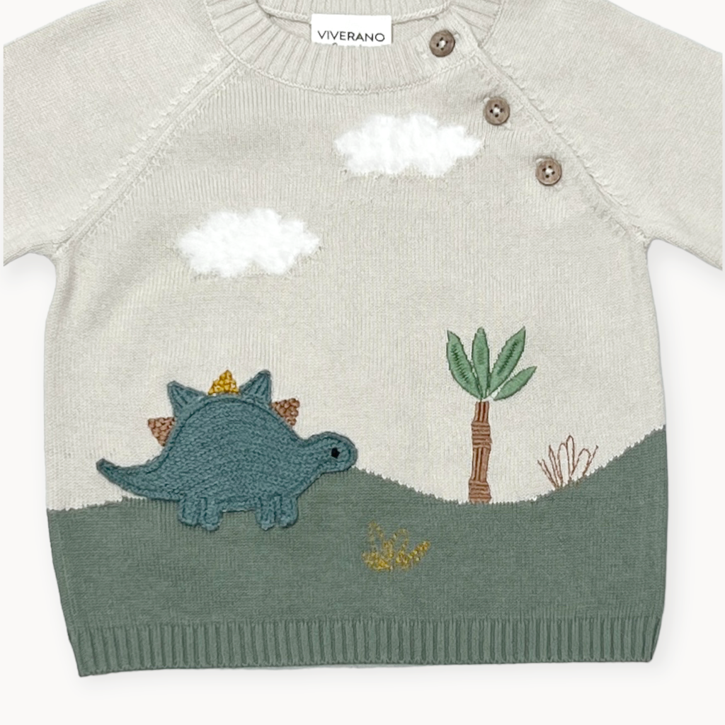 Dino Applique Button Baby Pullover Sweater (Organic): Stone / 0-3