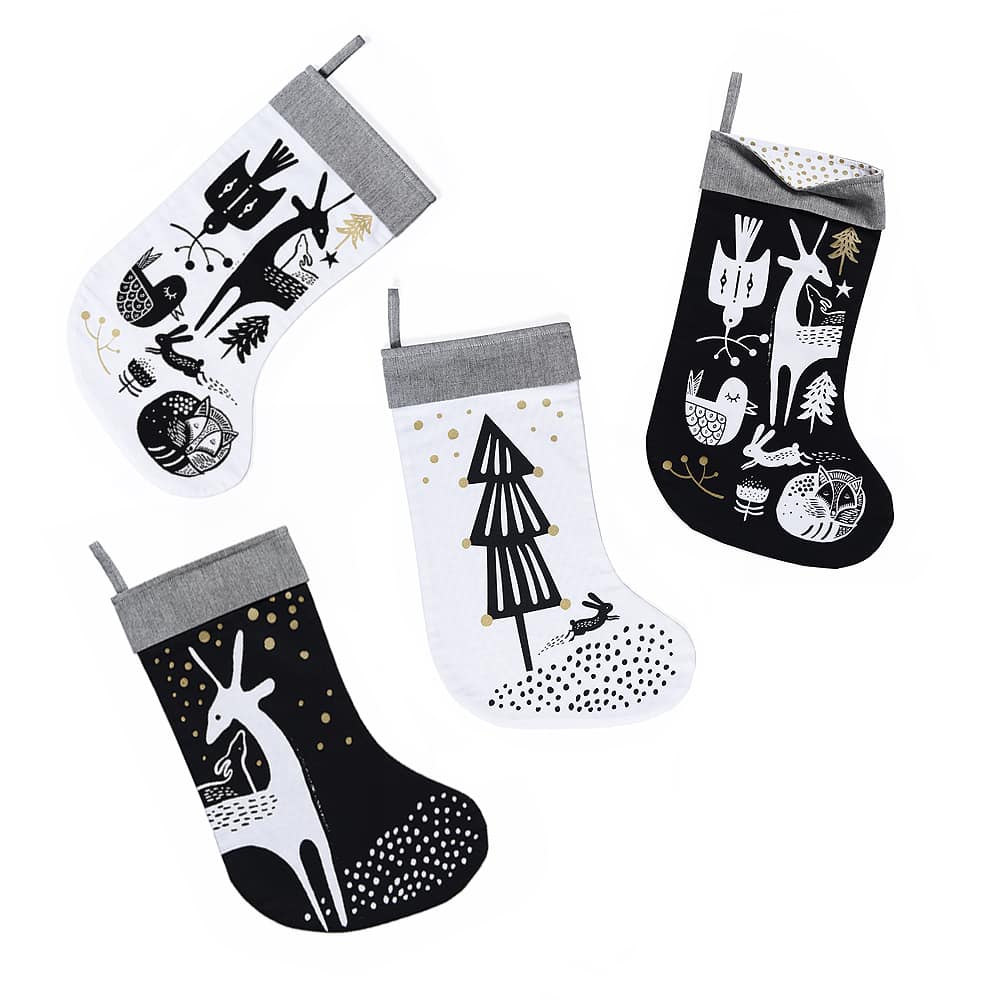 Winter Animals Christmas Stocking - White on Black