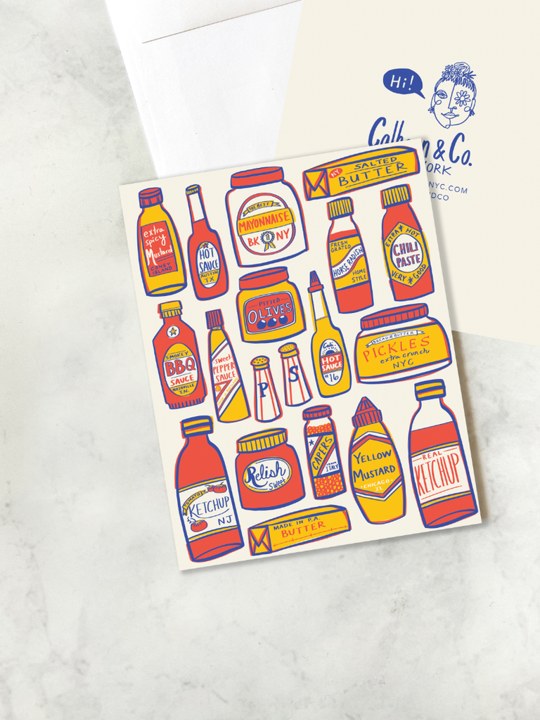 Condiments - Hot Sauce, Ketchup, BBQ, Mayo Greeting Card: Single Greeting Card