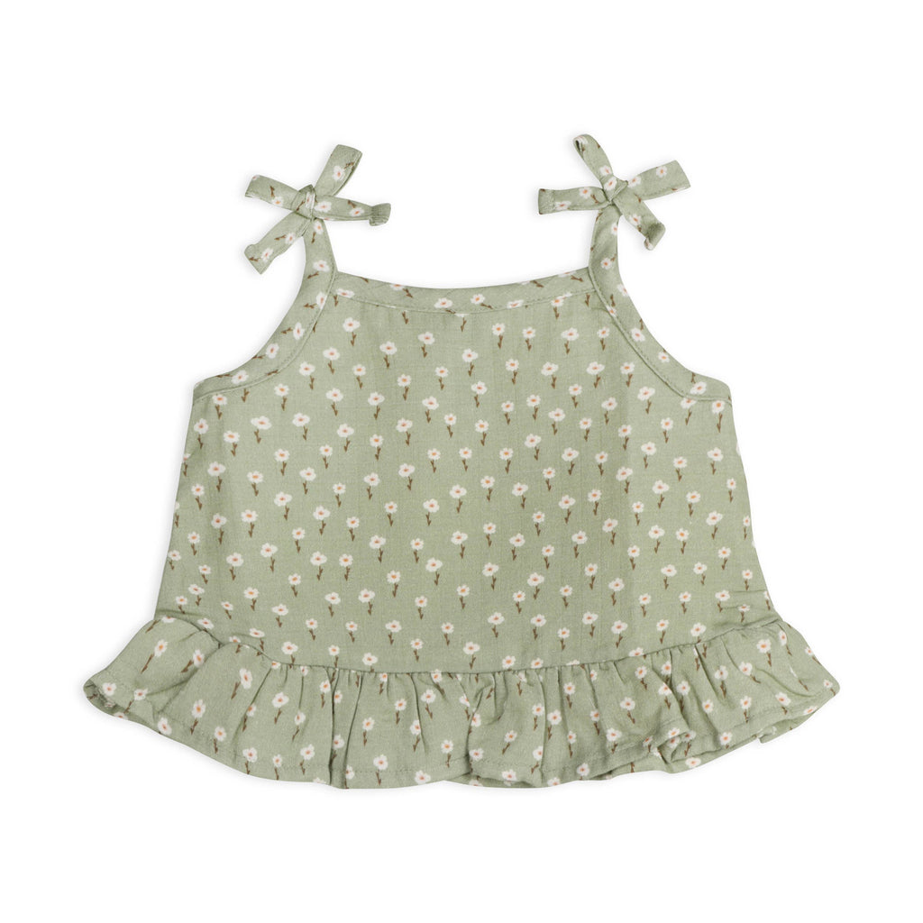 Sage Floral Shoulder Tie Baby Top + Shorts (Organic Muslin): SAGE / 3-6M