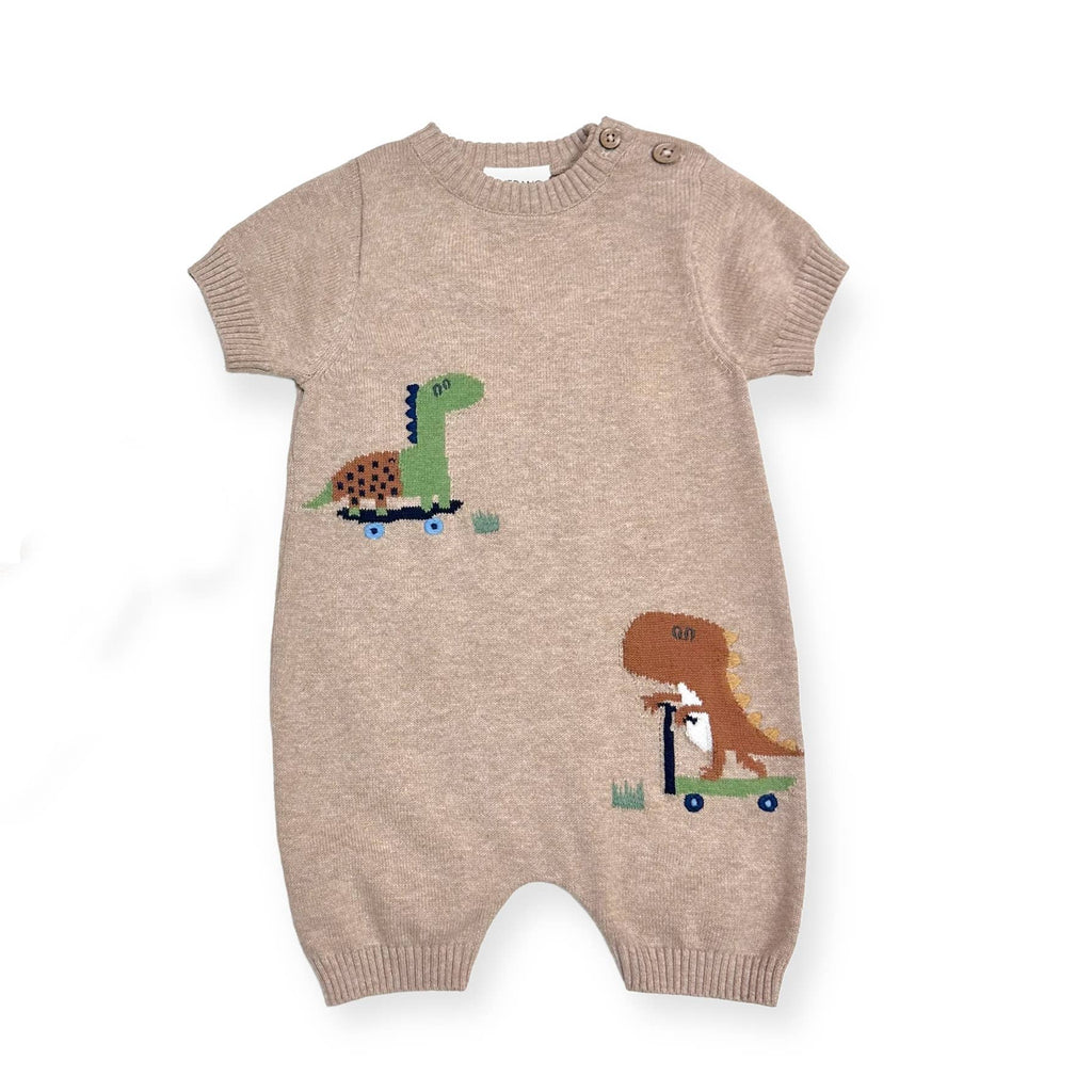 Dino Skater Jacquard Knit Baby Romper (Organic Cotton): Tan Heather / 3-6M