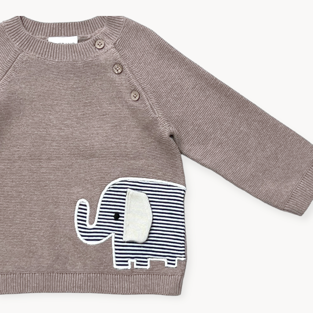 Elephant Embroidered Baby Knit Pullover (Organic): Cafe Latte / 3-6