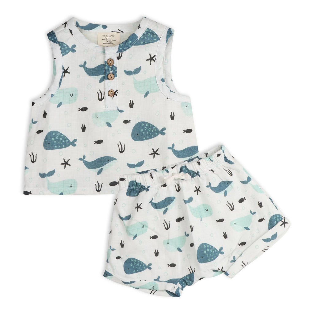 Whales Baby Top + Shorts (Organic Muslin): WHITE / 3-6M