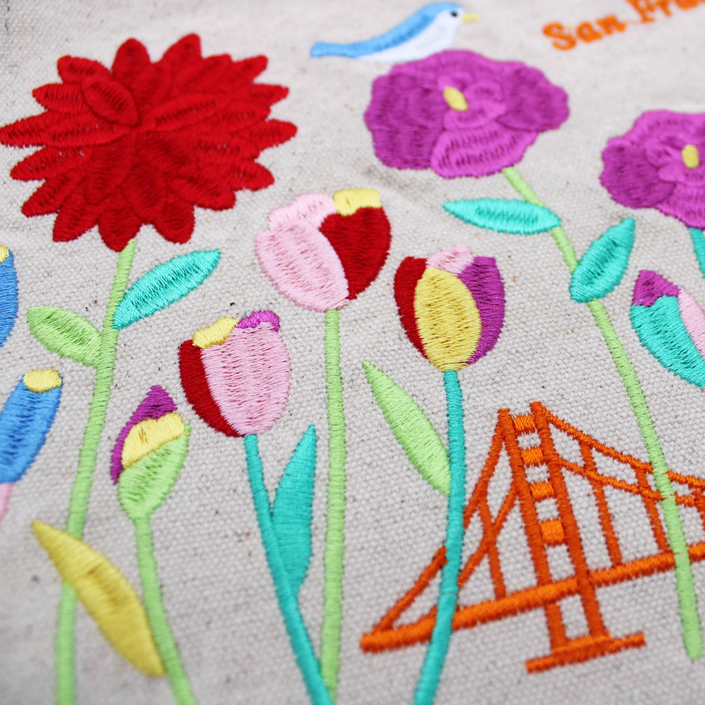 Embroidered San Francisco Flowers Tote Bag