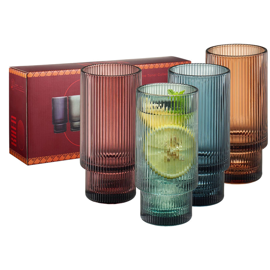 Vintage Art Deco Collins Highball Glasses Ribbed - Set of 4