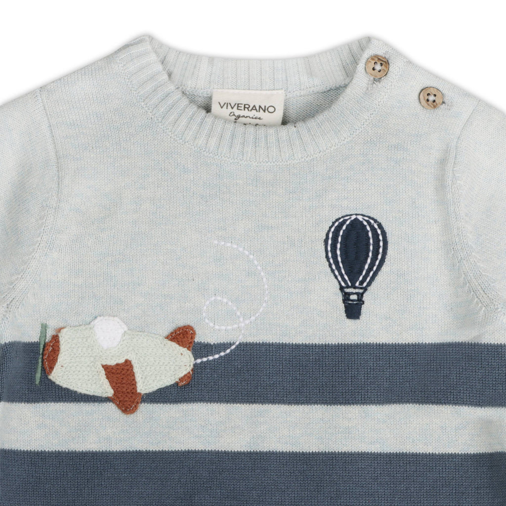 Airplane Applique Knit Short Baby Romper (Organic Cotton): Blue Heather/ Navy Combo / 3-6M