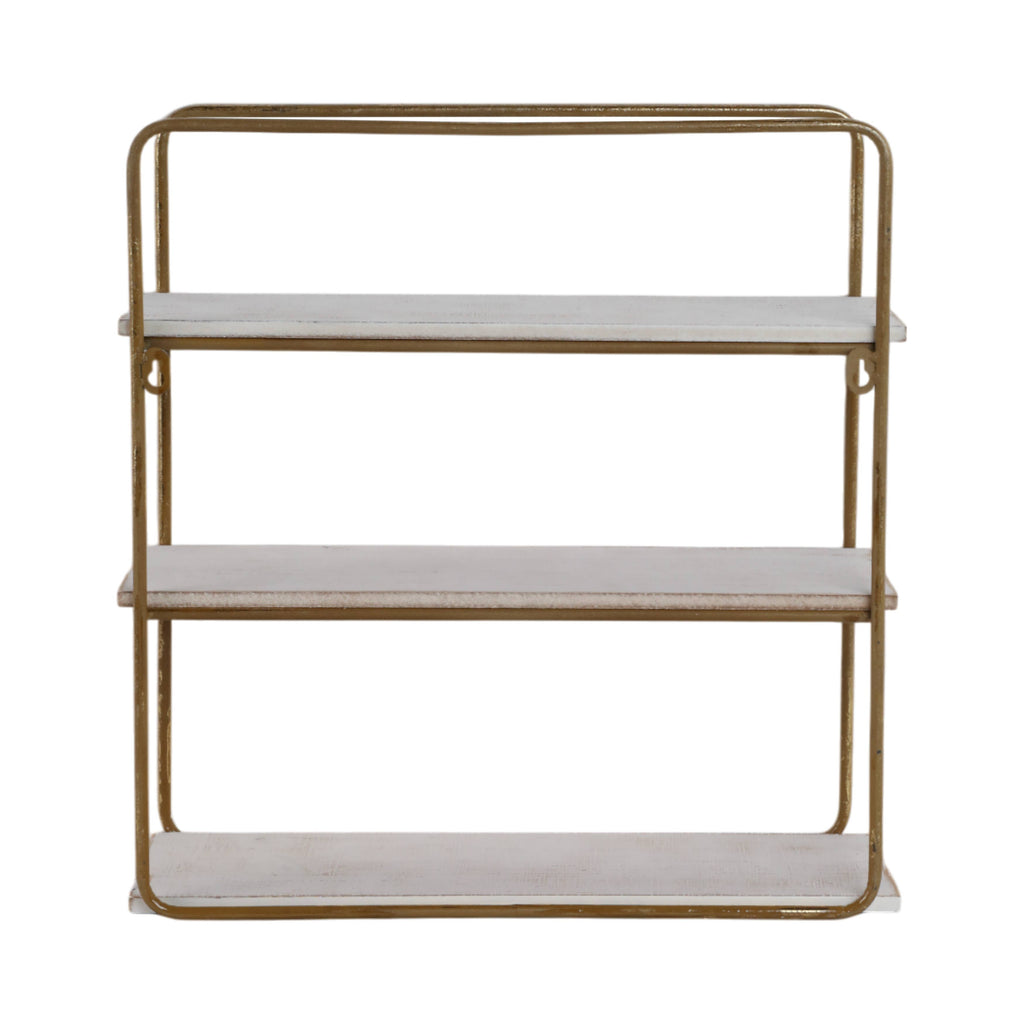 Metal Wood Rustic Three-Tier Wall Shelf - Gold, 19 in.
