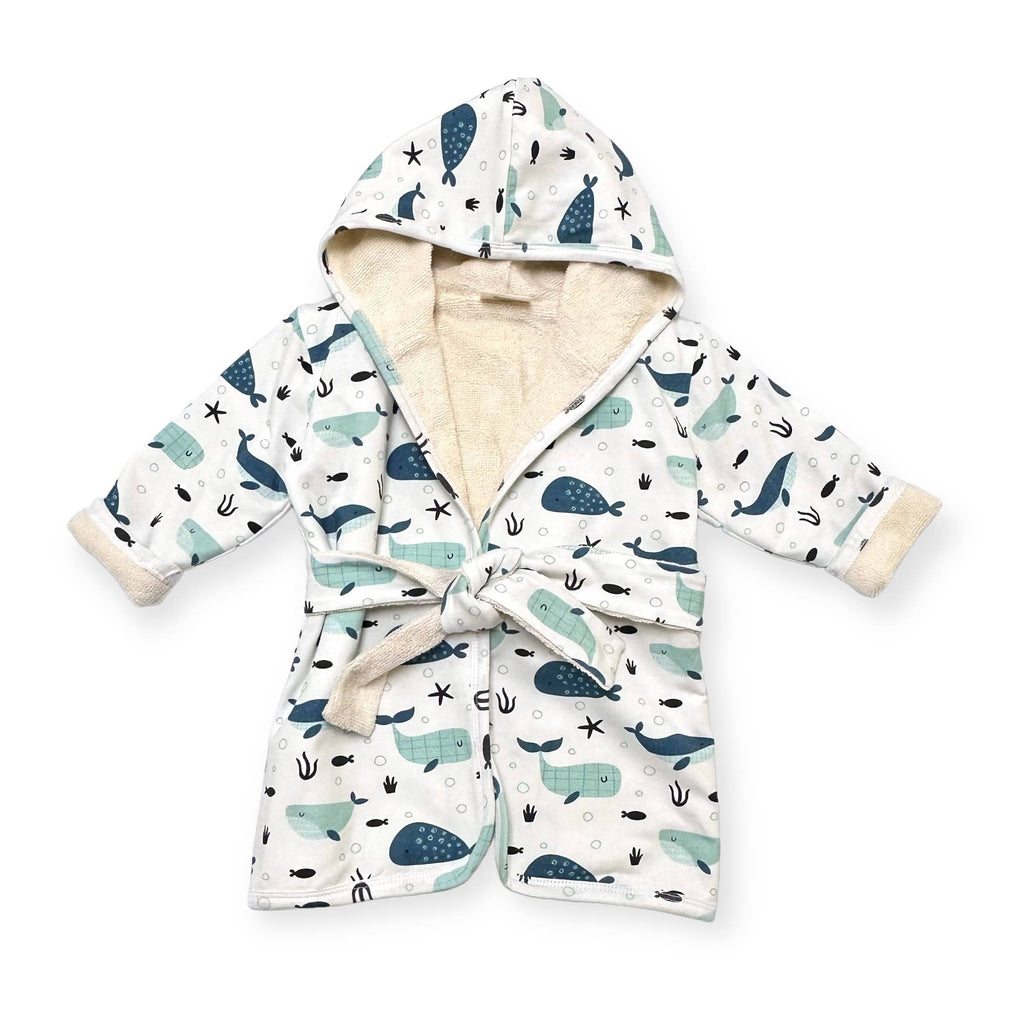 Whales Baby Hooded Bathrobe (Organic Jersey): WHITE / One Size (0-9M)