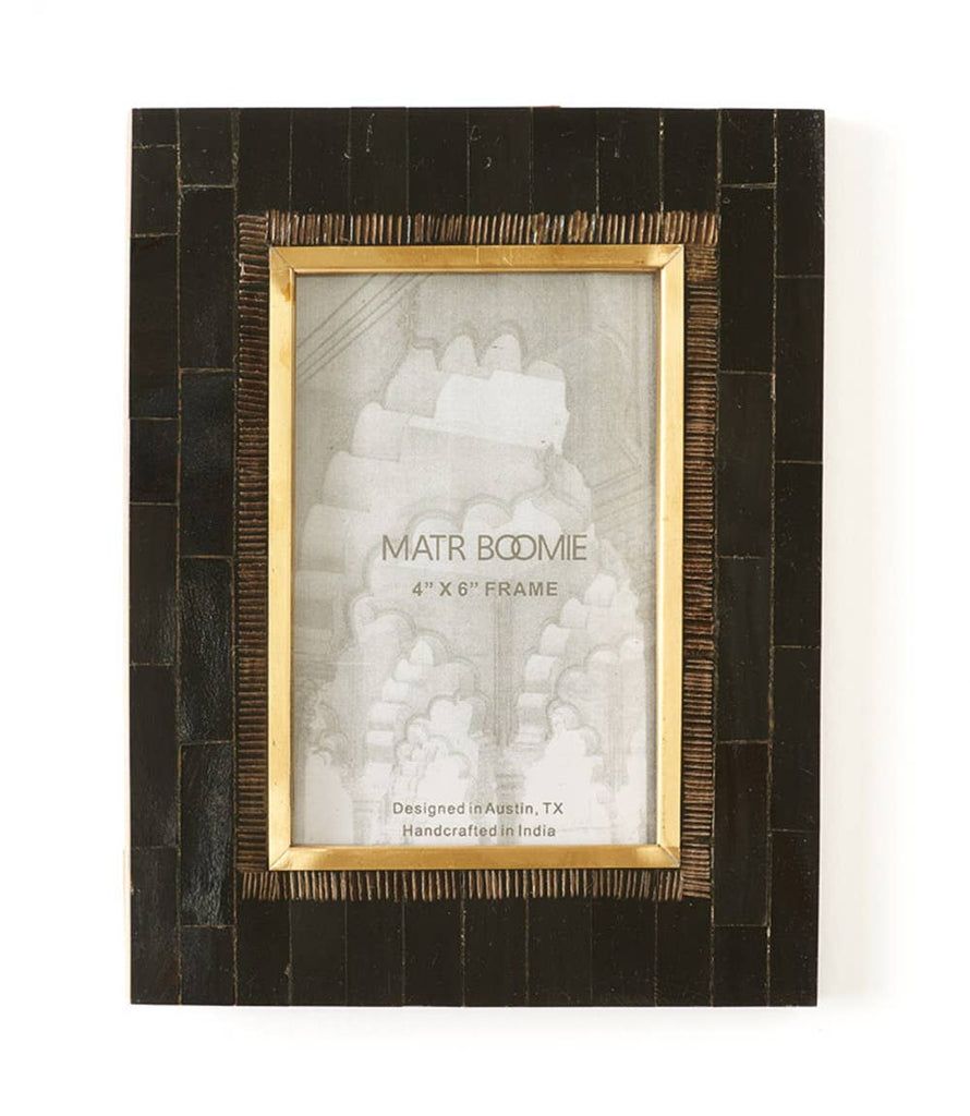 Andhera 4x6 Black Picture Frame - Carved Horn, Brass Inlay