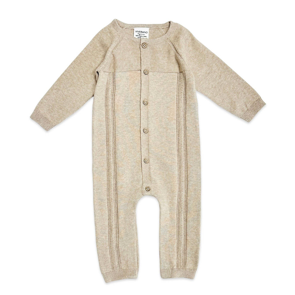 Pointelle Cable Knit Baby Jumpsuit -Organic Cotton -3 Colors: Tan Heather / 3-6M