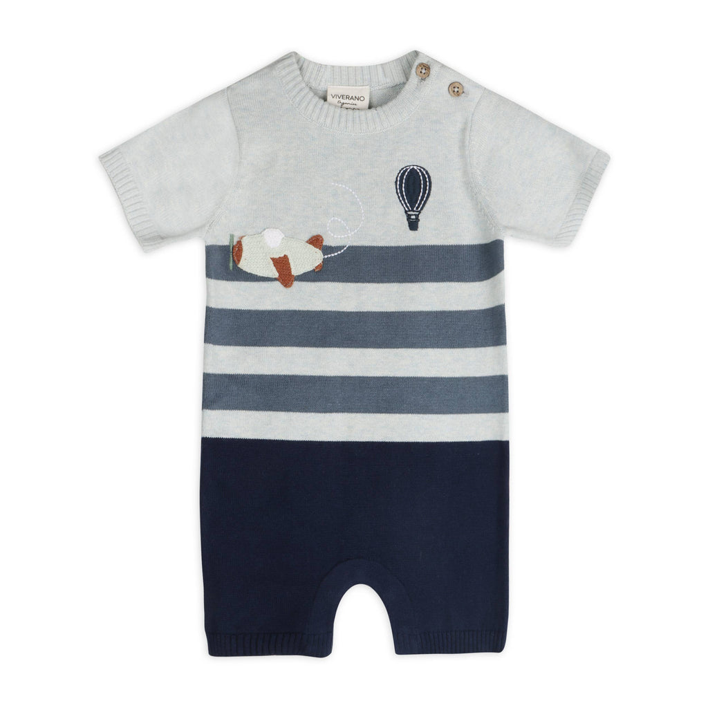 Airplane Applique Knit Short Baby Romper (Organic Cotton): Blue Heather/ Navy Combo / 12-18M