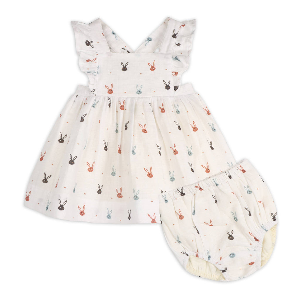 Mini Bunnies Baby Dress + Bloomer (Organic Muslin): WHITE / 6-12M