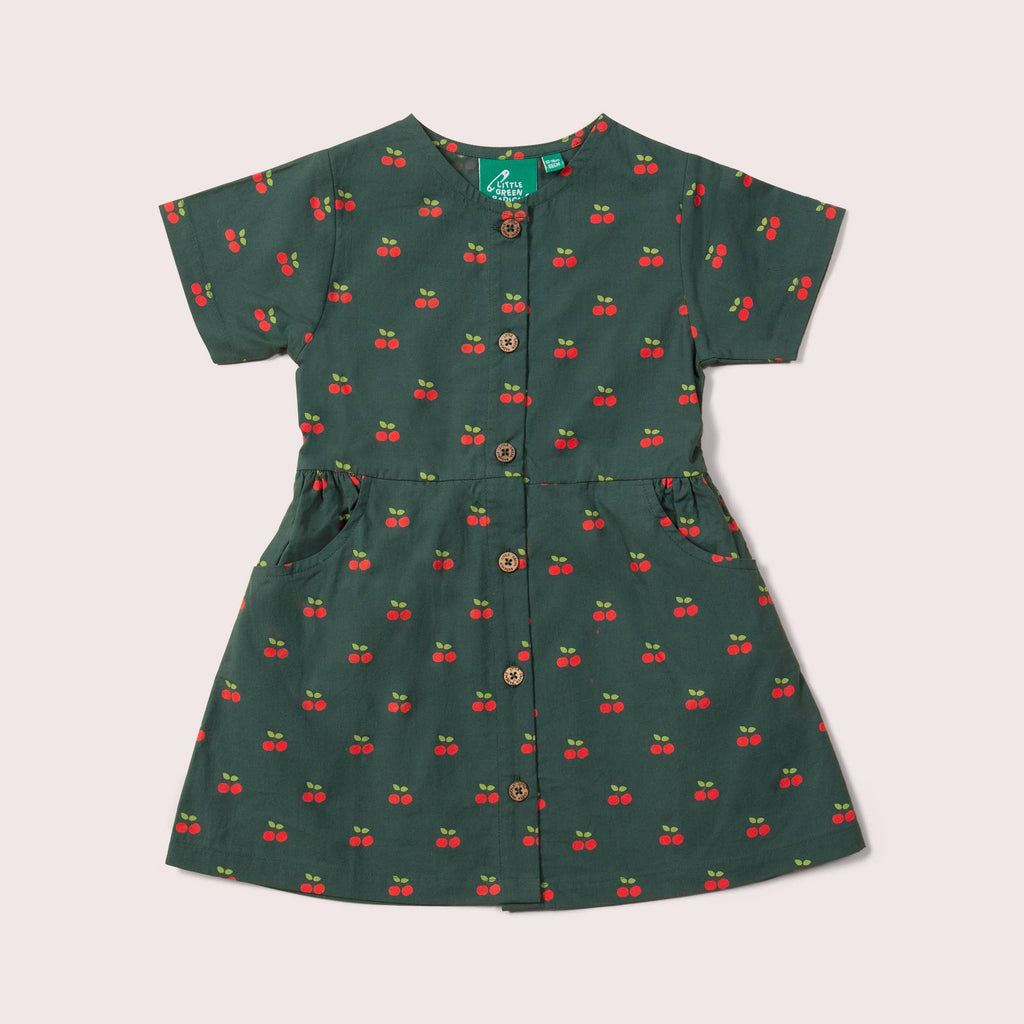 Olive Cherries Button Through Short Sleeve Dress: Olive Cherries Repeat Print / 12-18M
