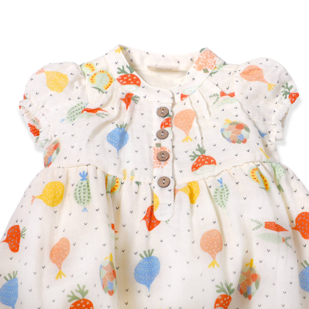 Veggie Puff Sleeve Muslin Baby Dress+Bloomer(Organic Muslin): 6-12M / Natural