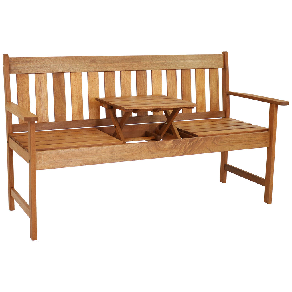 2-Person Meranti Wood Outdoor Bench with Pop-Up Table