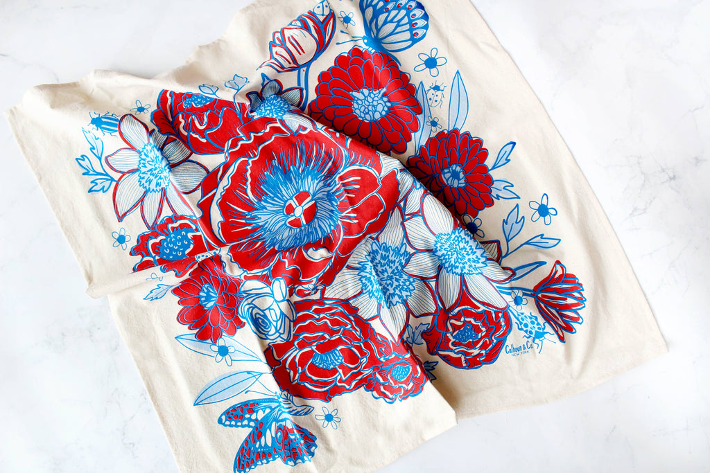 Dream Garden Tea Towel: July - Red/Blue